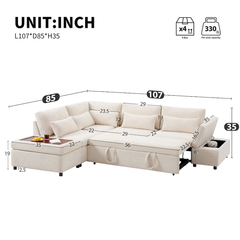107 Oversized Chenille Modular Sectional Pull-out Sofa, Free Movement Storage Ottoman