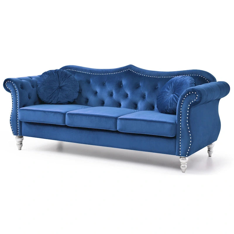 Velvet Tufted 3-Seater Sofa with Throw Pillows - 82 - Blue