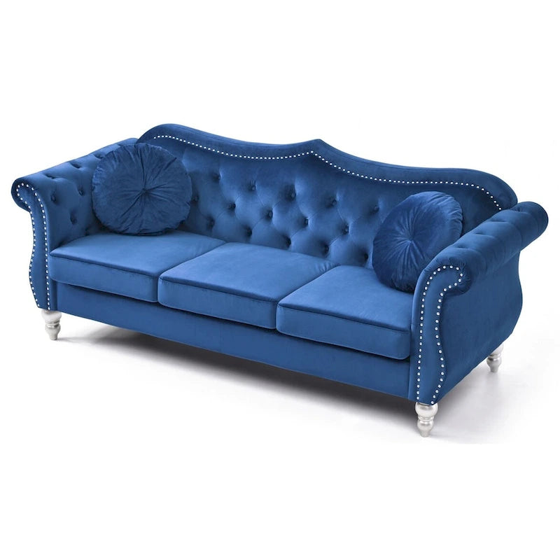 Velvet Tufted 3-Seater Sofa with Throw Pillows - 82 - Blue