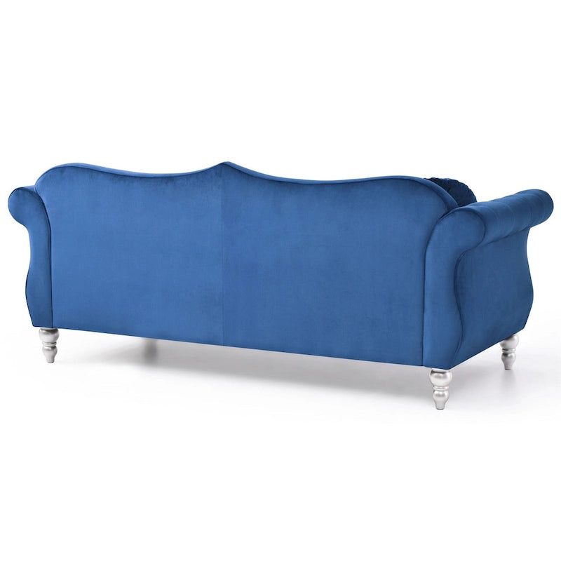 Velvet Tufted 3-Seater Sofa with Throw Pillows - 82 - Blue