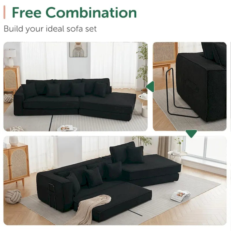 133 Lamb Velvet Convertible Sleeper Sofa with 7 Pillows (3 Back + 4 Throw), Foldable Gaming Bed Design
