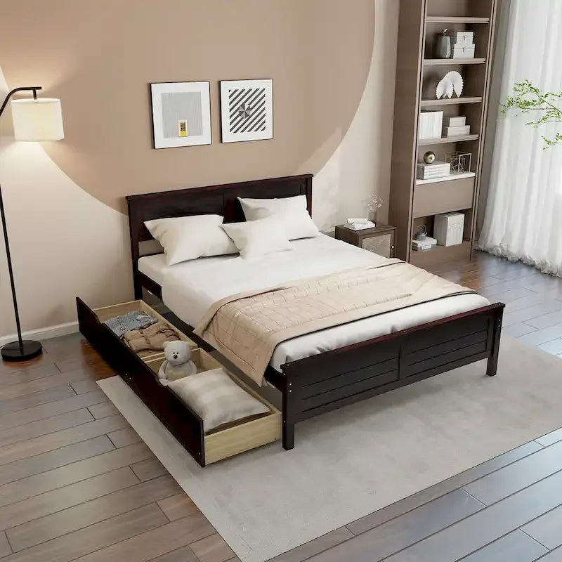 Gymax Full Size Wooden Bed Frame with 2 Storage Drawers & Under-bed