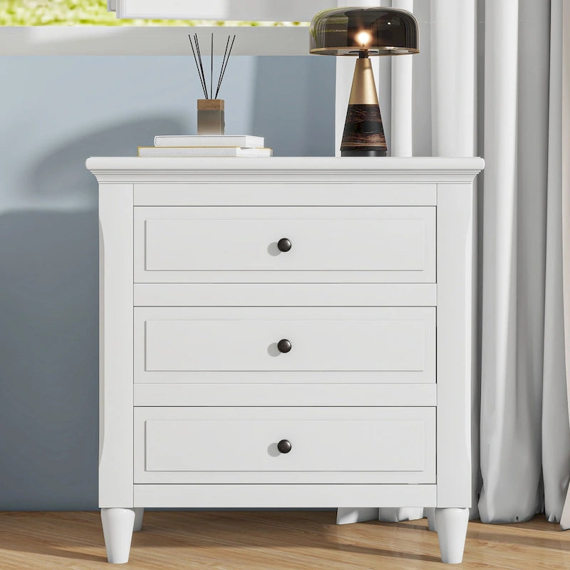 Mid-Century Modern Nightstand, Wooden Lockers with Metal Handle 3 Drawers, Entry Side Table with Solid Wood Legs