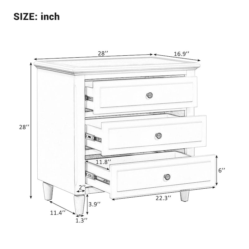 Mid-Century Modern Nightstand, Wooden Lockers with Metal Handle 3 Drawers, Entry Side Table with Solid Wood Legs