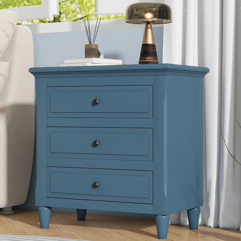 Mid-Century Modern Nightstand, Wooden Lockers with Metal Handle 3 Drawers, Entry Side Table with Solid Wood Legs