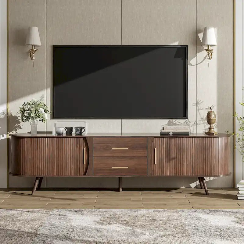 Mid-Century Modern TV Stand for 80 TV, Entertainment Center with Storage Media Console Table with 2 Drawers