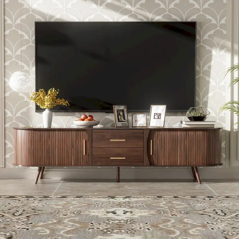 Mid-Century Modern TV Stand for 80 TV, Entertainment Center with Storage Media Console Table with 2 Drawers
