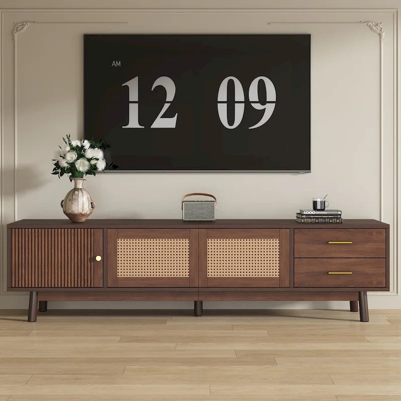 Mid-Century Modern TV Stand for 80 TV, Entertainment Center with Storage Media Console Table with 2 Drawers