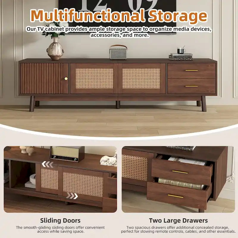 Mid-Century Modern TV Stand for 80 TV, Entertainment Center with Storage Media Console Table with 2 Drawers