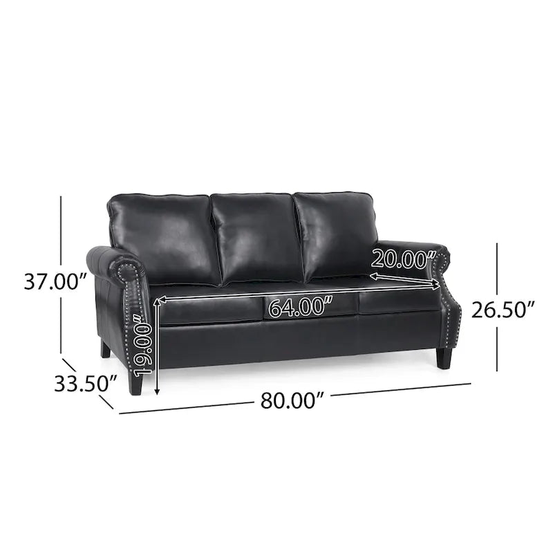Black Modern 80 Faux Leather 3-seater Sofa with Birch Wood Legs and Nailheads for Living Room