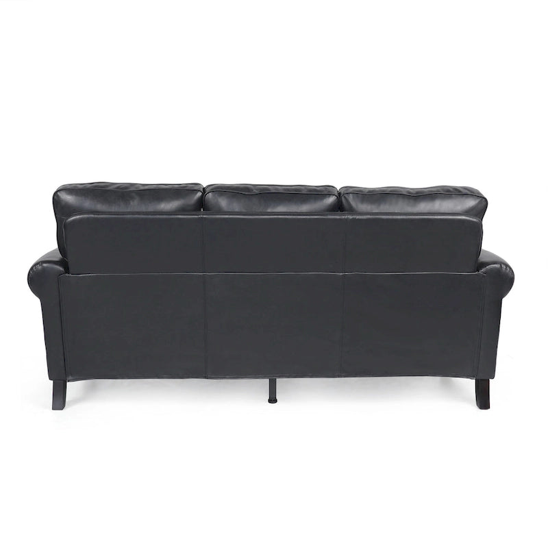 Black Modern 80 Faux Leather 3-seater Sofa with Birch Wood Legs and Nailheads for Living Room