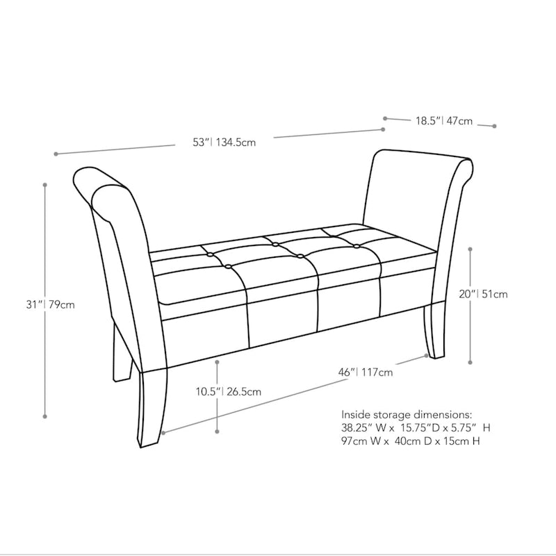 Upholstered Storage Bench with Scrolled Arms