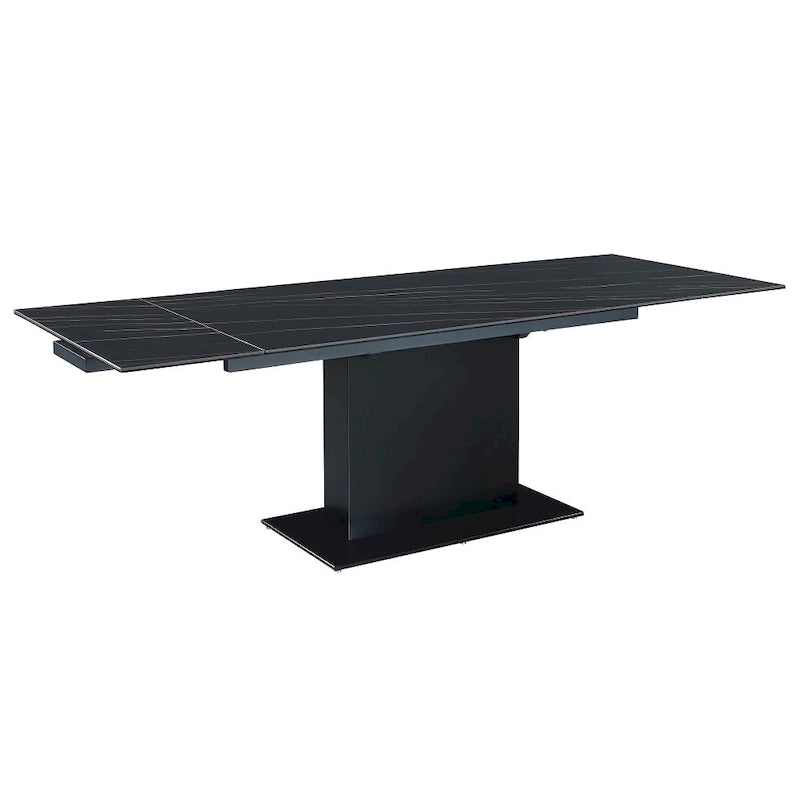 Extendable Sintered Stone Table with Wooden Pedestal and Glass Base Plate