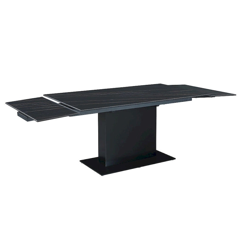 Extendable Sintered Stone Table with Wooden Pedestal and Glass Base Plate