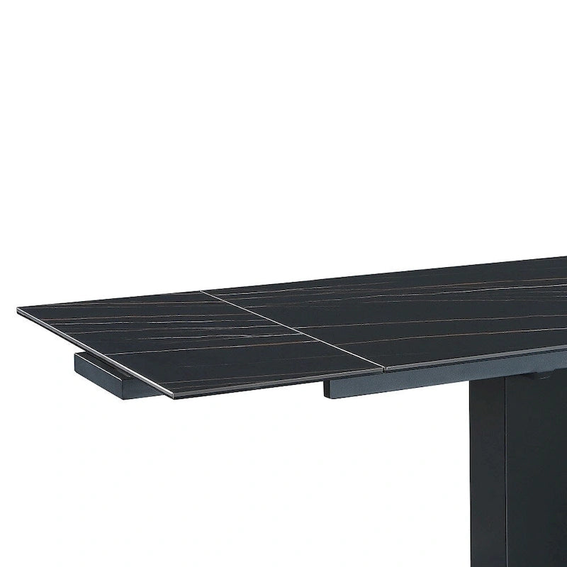 Extendable Sintered Stone Table with Wooden Pedestal and Glass Base Plate
