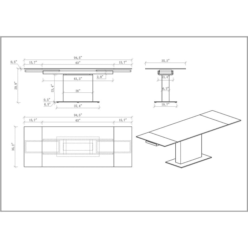 Extendable Sintered Stone Table with Wooden Pedestal and Glass Base Plate