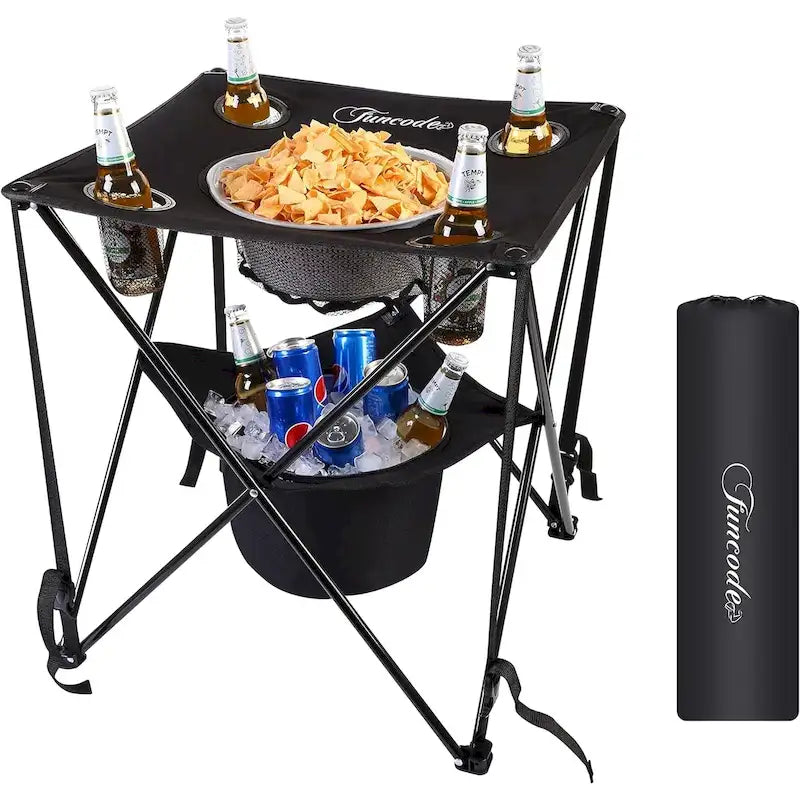 Folding Camping Table,Portable Double Deck Camping Table with 4 Cup Holders and Carry Bag, Picnic, Beach, Hiking, BBQ