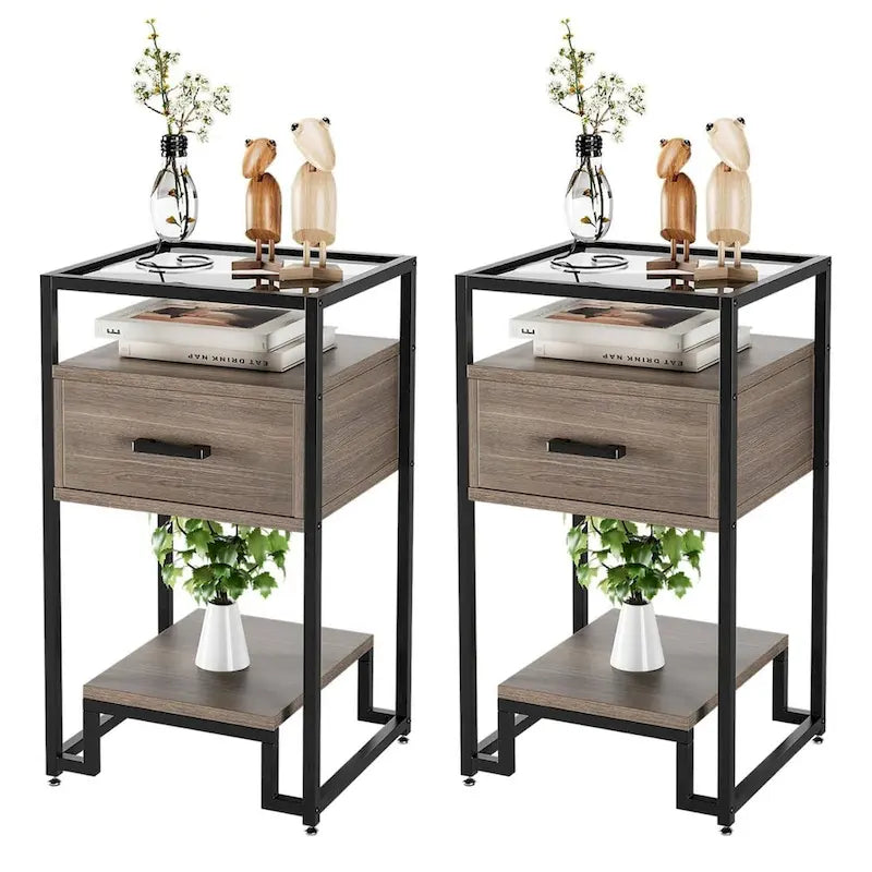 Set of 2 Modern End Table with Storage Drawer