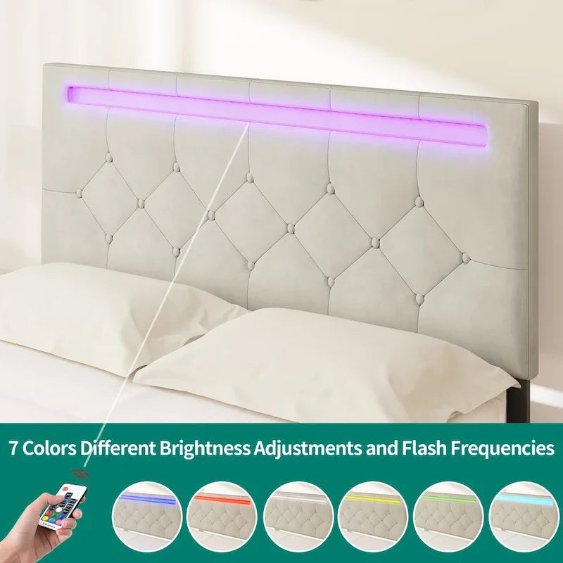Adjustable Upholstered Headboard Platform Bed with LED light and USB Charging