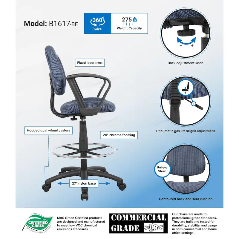 Adjustable Black Loop Arm Drafting Stool with Wheel Casters