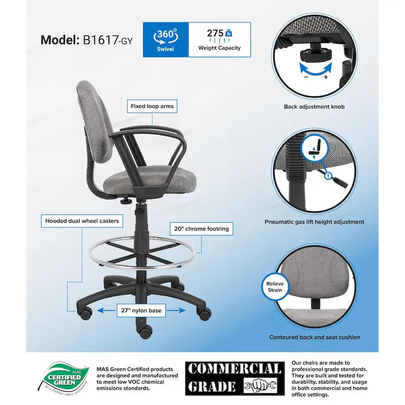 Adjustable Black Loop Arm Drafting Stool with Wheel Casters