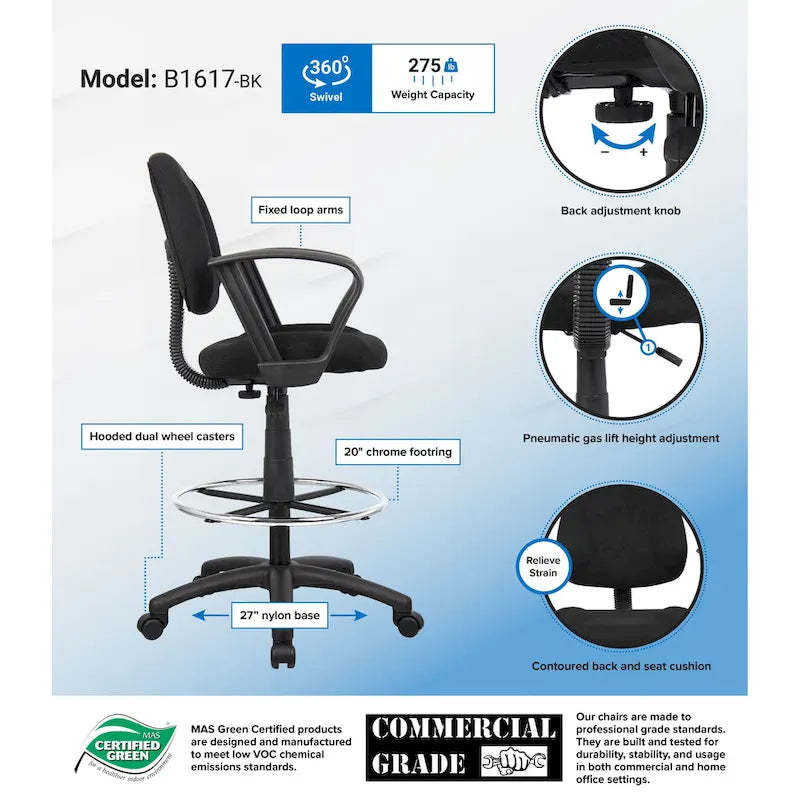 Adjustable Black Loop Arm Drafting Stool with Wheel Casters