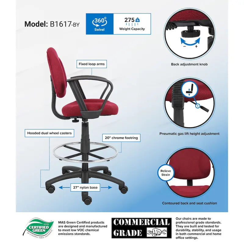 Adjustable Black Loop Arm Drafting Stool with Wheel Casters