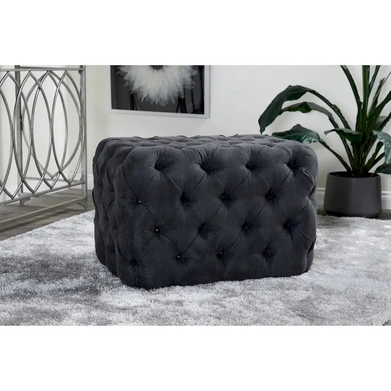 Black Tan or Grey Wood Tufted Fabric Modern Glam Ottoman Bench