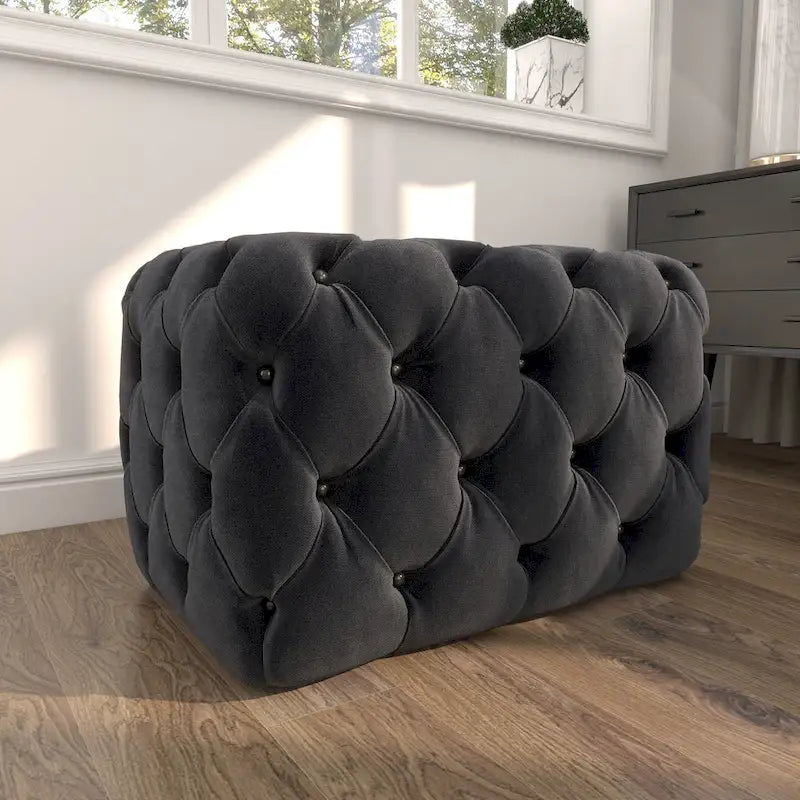 Black Tan or Grey Wood Tufted Fabric Modern Glam Ottoman Bench
