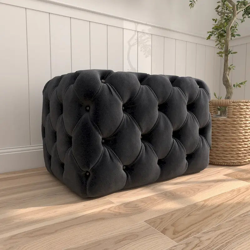 Black Tan or Grey Wood Tufted Fabric Modern Glam Ottoman Bench