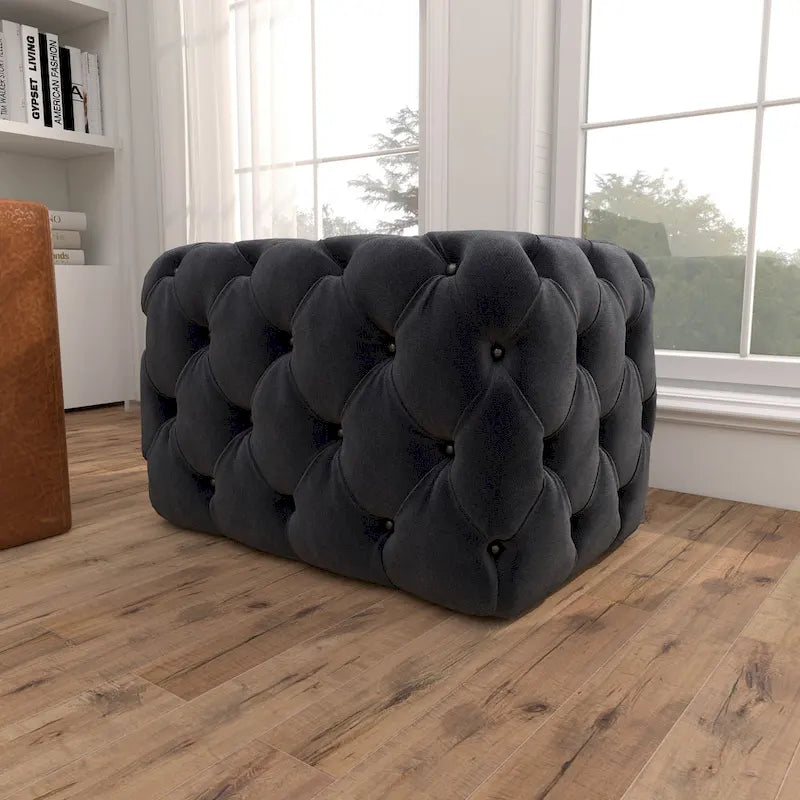 Black Tan or Grey Wood Tufted Fabric Modern Glam Ottoman Bench