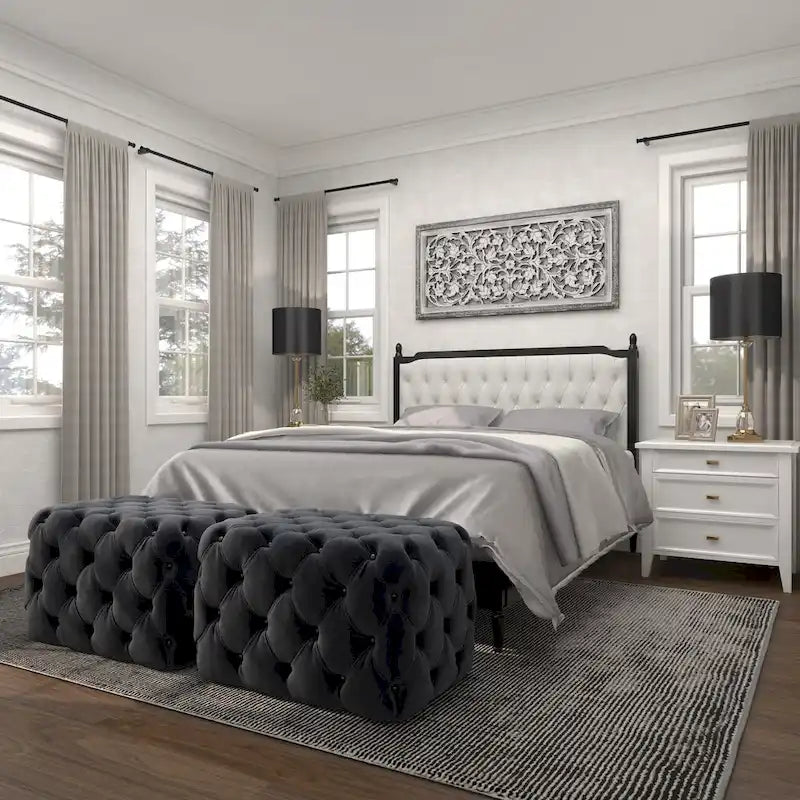 Black Tan or Grey Wood Tufted Fabric Modern Glam Ottoman Bench