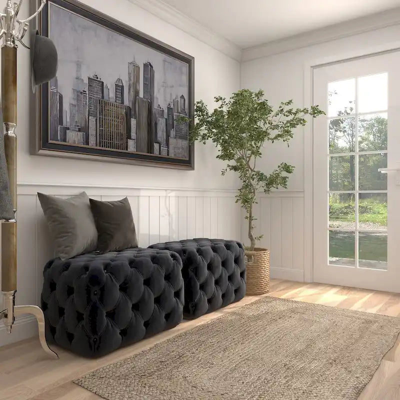Black Tan or Grey Wood Tufted Fabric Modern Glam Ottoman Bench