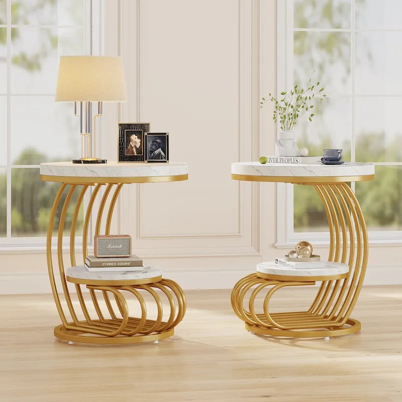 Gold Round End Table, 2 Tiers Side Table with White Faux Marble Top