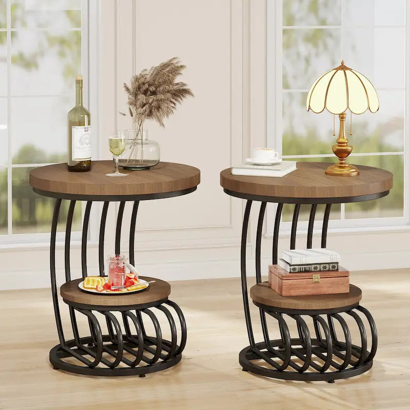 Gold Round End Table, 2 Tiers Side Table with White Faux Marble Top
