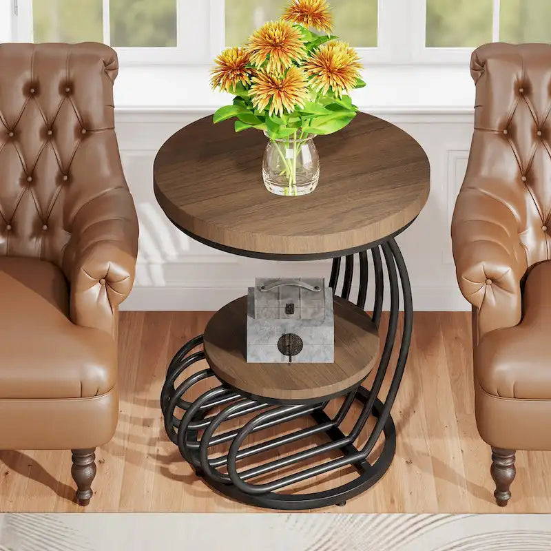 Gold Round End Table, 2 Tiers Side Table with White Faux Marble Top