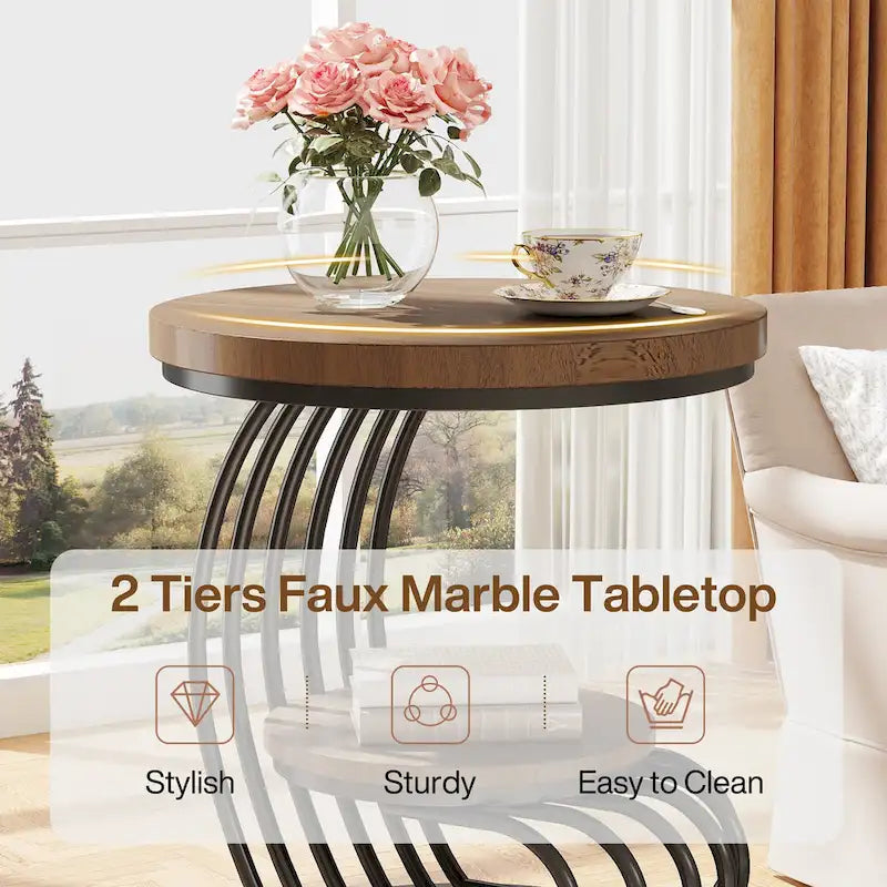 Gold Round End Table, 2 Tiers Side Table with White Faux Marble Top