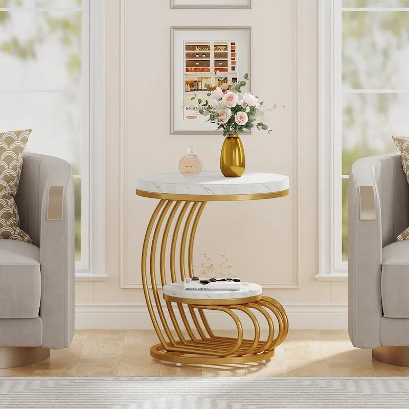Gold Round End Table, 2 Tiers Side Table with White Faux Marble Top