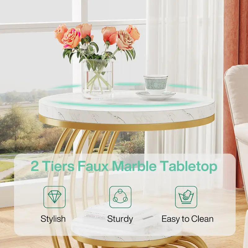 Gold Round End Table, 2 Tiers Side Table with White Faux Marble Top