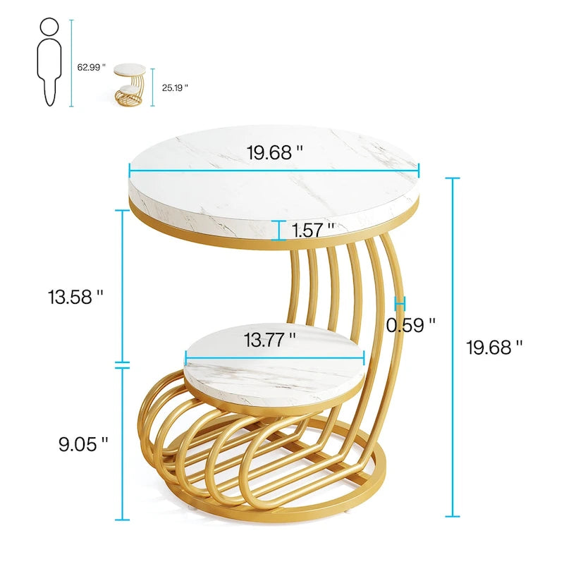 Gold Round End Table, 2 Tiers Side Table with White Faux Marble Top