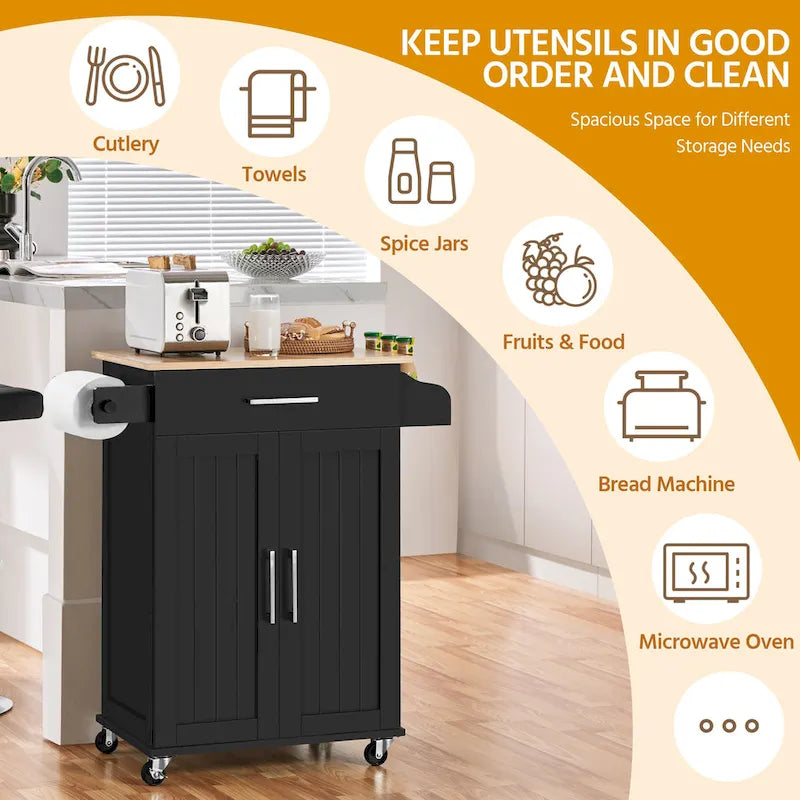 Rolling Kitchen Car with Towel Rack,Drawer, 2 Doors