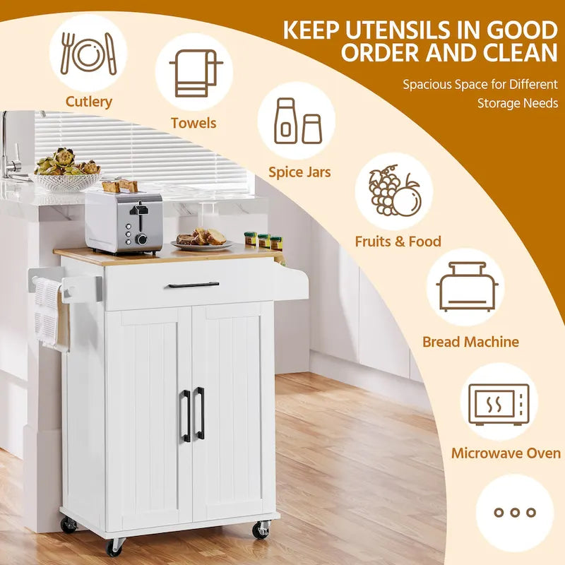 Rolling Kitchen Car with Towel Rack,Drawer, 2 Doors