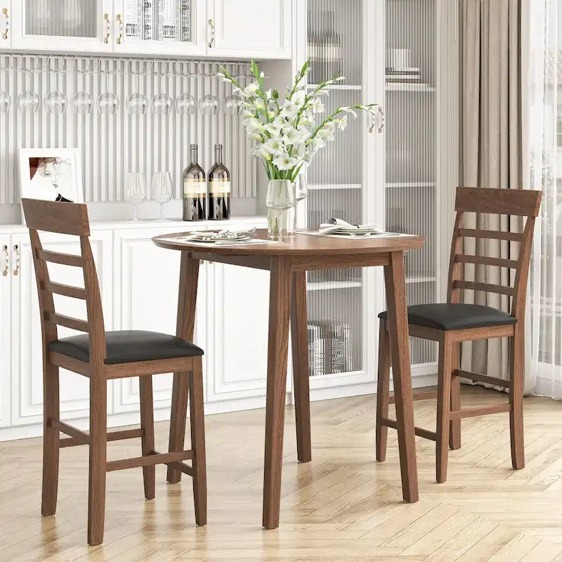 3PCS Retro Round Counter Height Drop-Leaf Table Set
