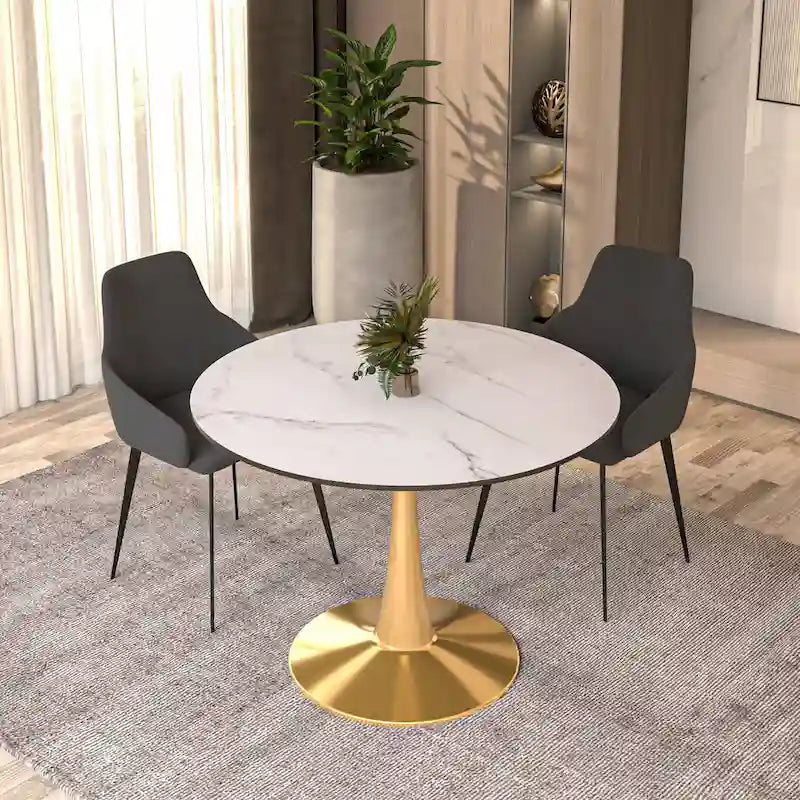 Round Dining Table for 4 with MDF Tabletop in Gold Steel Base for Kitchen & Dining Room