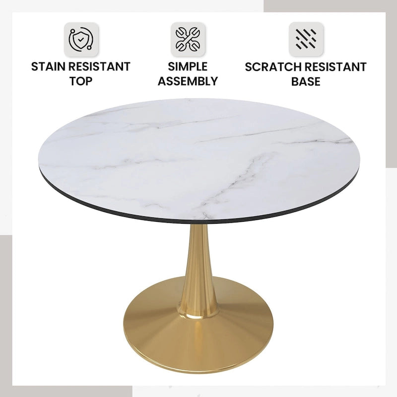 Round Dining Table for 4 with MDF Tabletop in Gold Steel Base for Kitchen & Dining Room