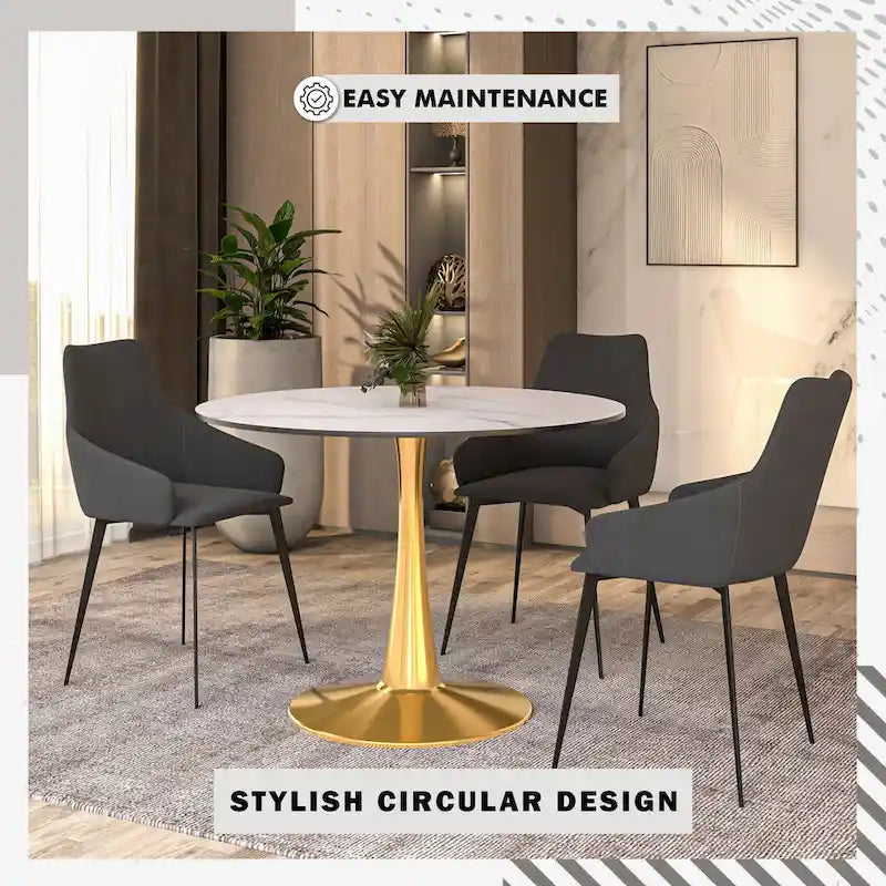 Round Dining Table for 4 with MDF Tabletop in Gold Steel Base for Kitchen & Dining Room