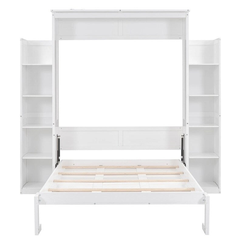 Full Size Wooden Murphy Bed Wall Bed with Shelves and LED Lights