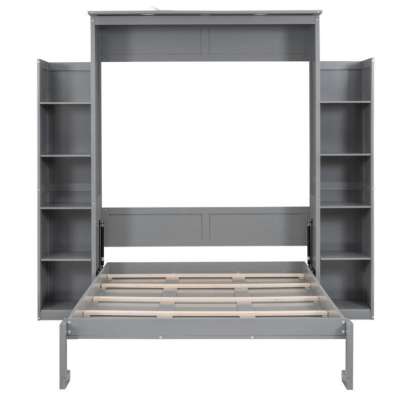 Full Size Wooden Murphy Bed Wall Bed with Shelves and LED Lights