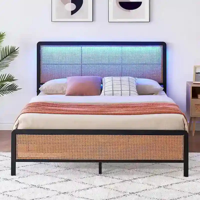 Modern Style Cane Boho Bed Frames with Led Light