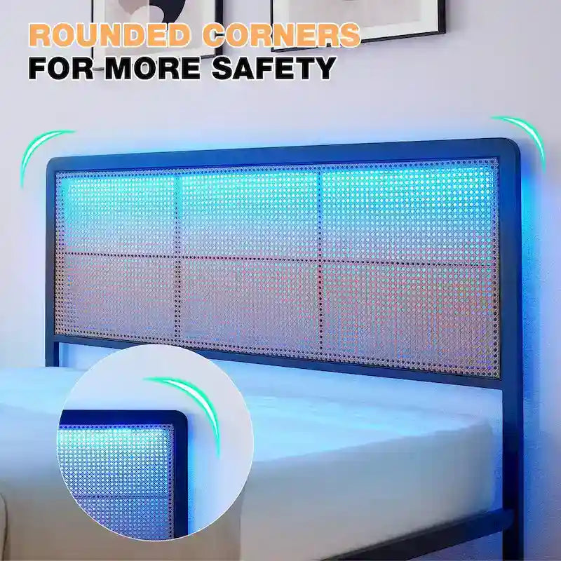 Modern Style Cane Boho Bed Frames with Led Light
